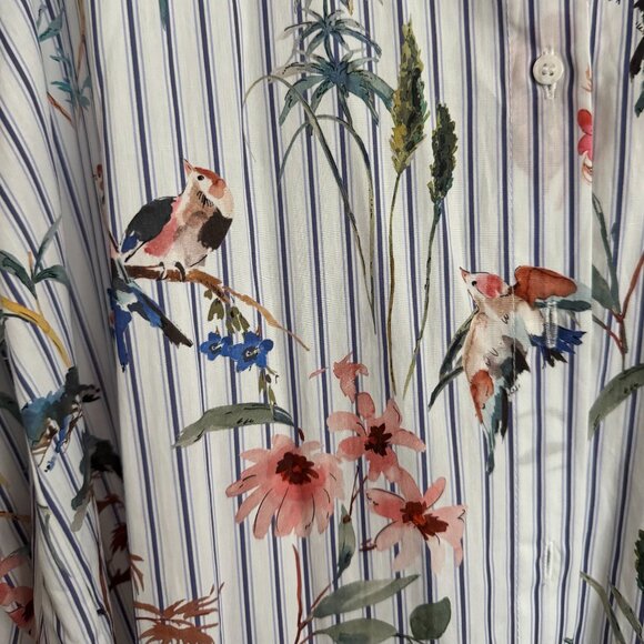Zara - Striped Poplin Button-Down Shirt with All-Over Bird Print in White/Blue - Picture 6 of 9